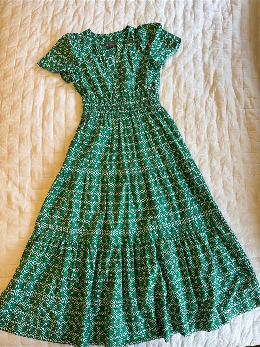 Anthropologie Green Geometric Short-Sleeve Maxi Dress - Picture 1 of 6
